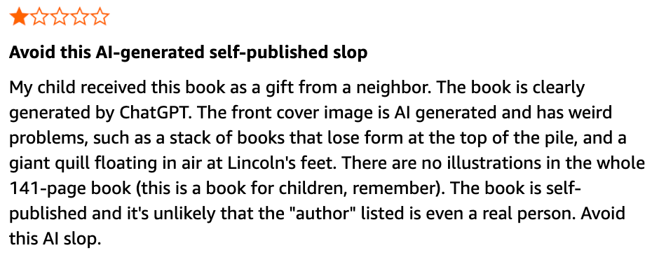 One-star review warning against AI-generated self-published children's book with poor cover art and no illustrations