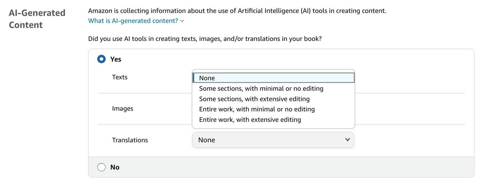 Amazon AI-generated content disclosure form with dropdown options for texts, images, and translations