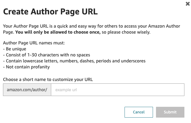 Amazon Author Page URL creation form with input field for customizing URL name and submission buttons