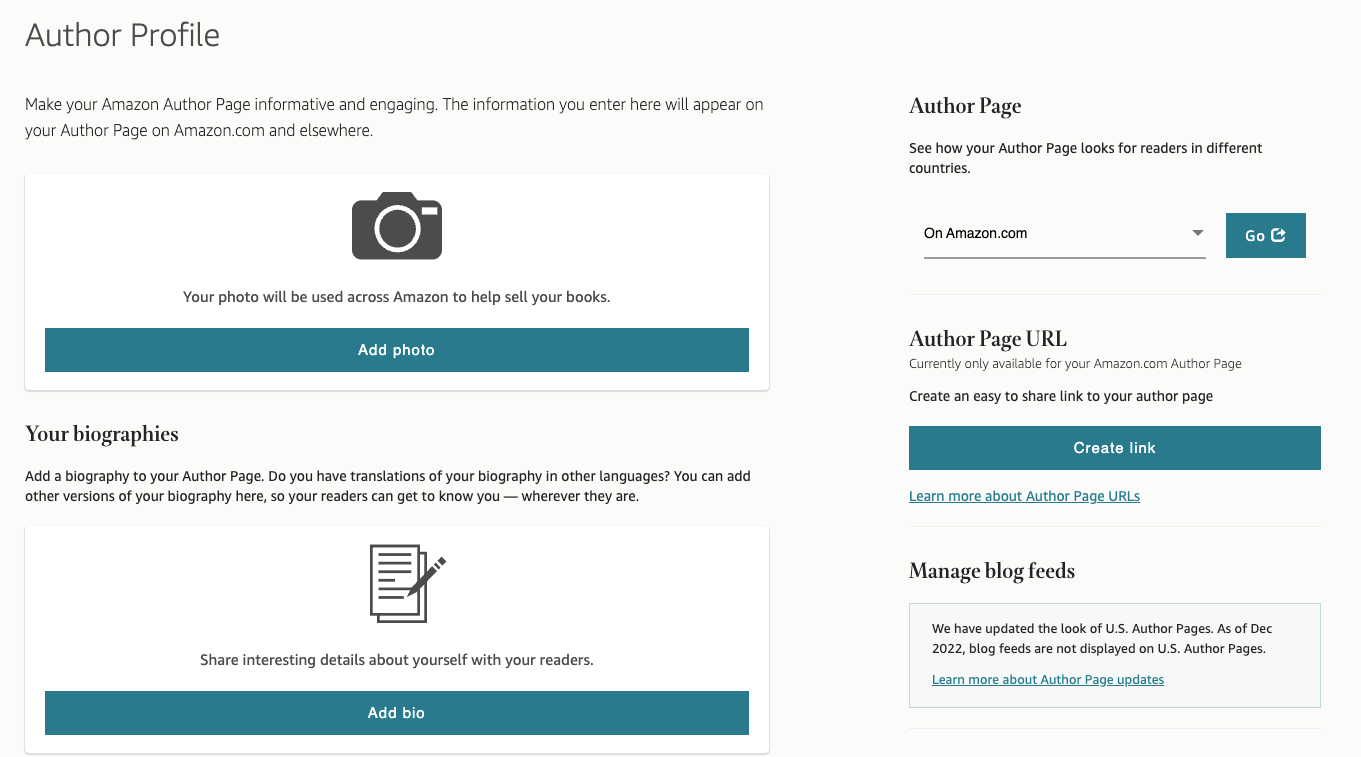 Amazon Author Profile setup page showing photo upload, biography section, and Author Page URL creation tools