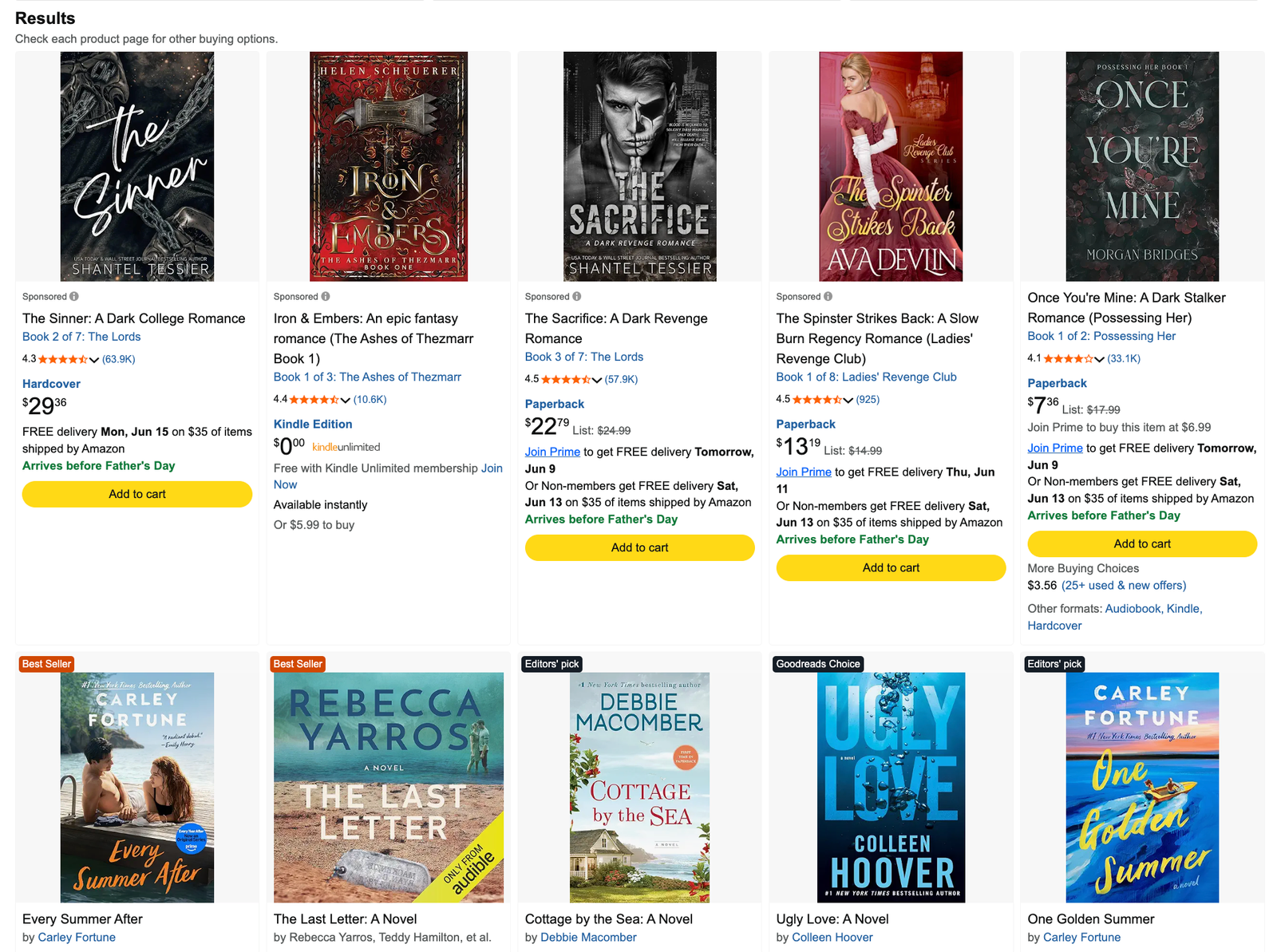 Amazon search results showing romance book covers that clearly signal the genre