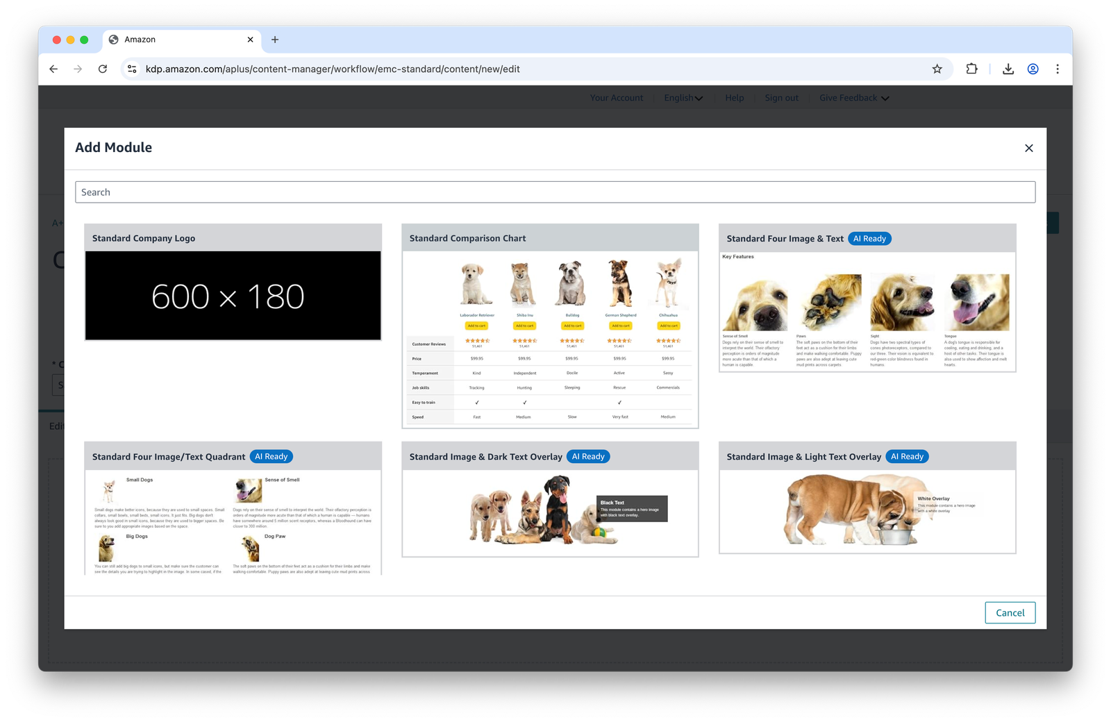 Amazon KDP content manager module selection dialog showing template options for book layouts and designs