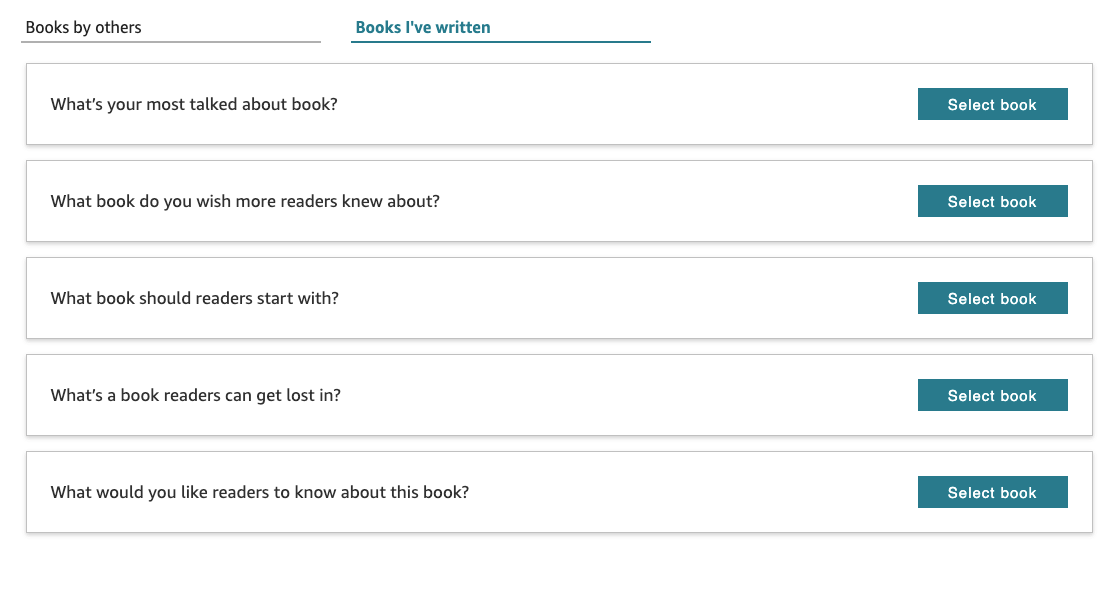 Author questionnaire form with five questions about book recommendations and reader engagement, each with a Select book button