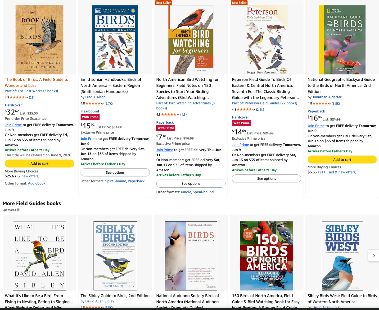 Amazon listing of bird field guide books with covers that signal authority and usefulness