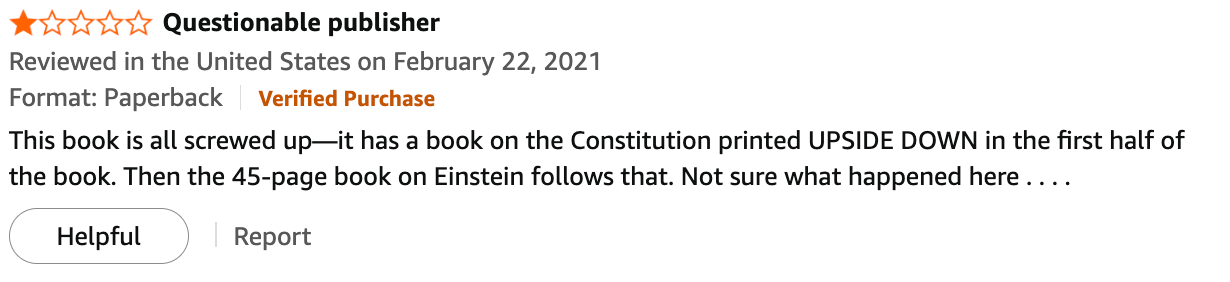 One-star review complaining about a book with upside-down pages and an unrelated Einstein section