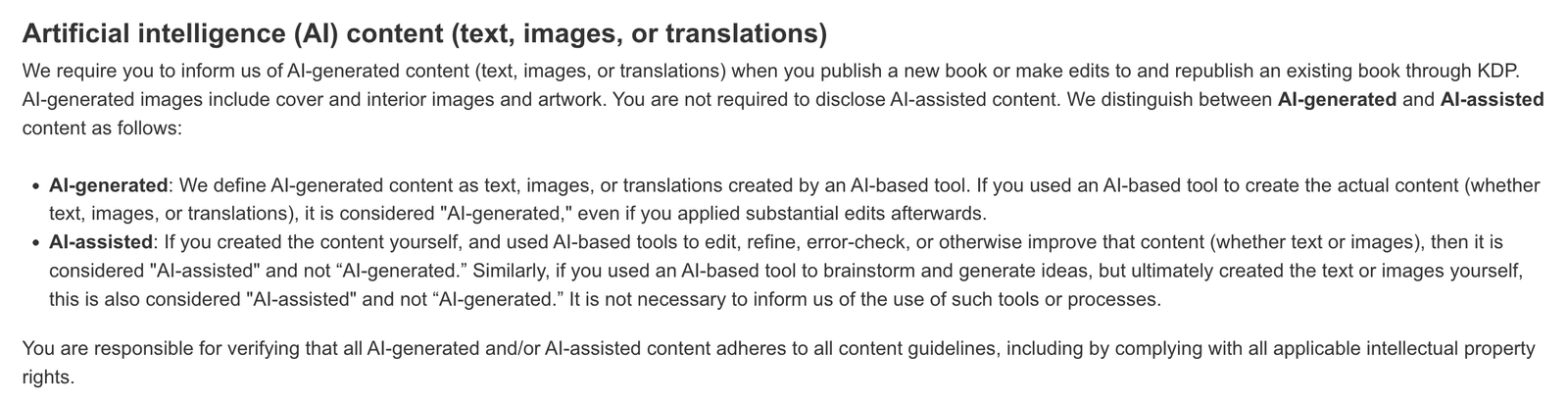 Text explaining KDP's policy on AI-generated and AI-assisted content for books
