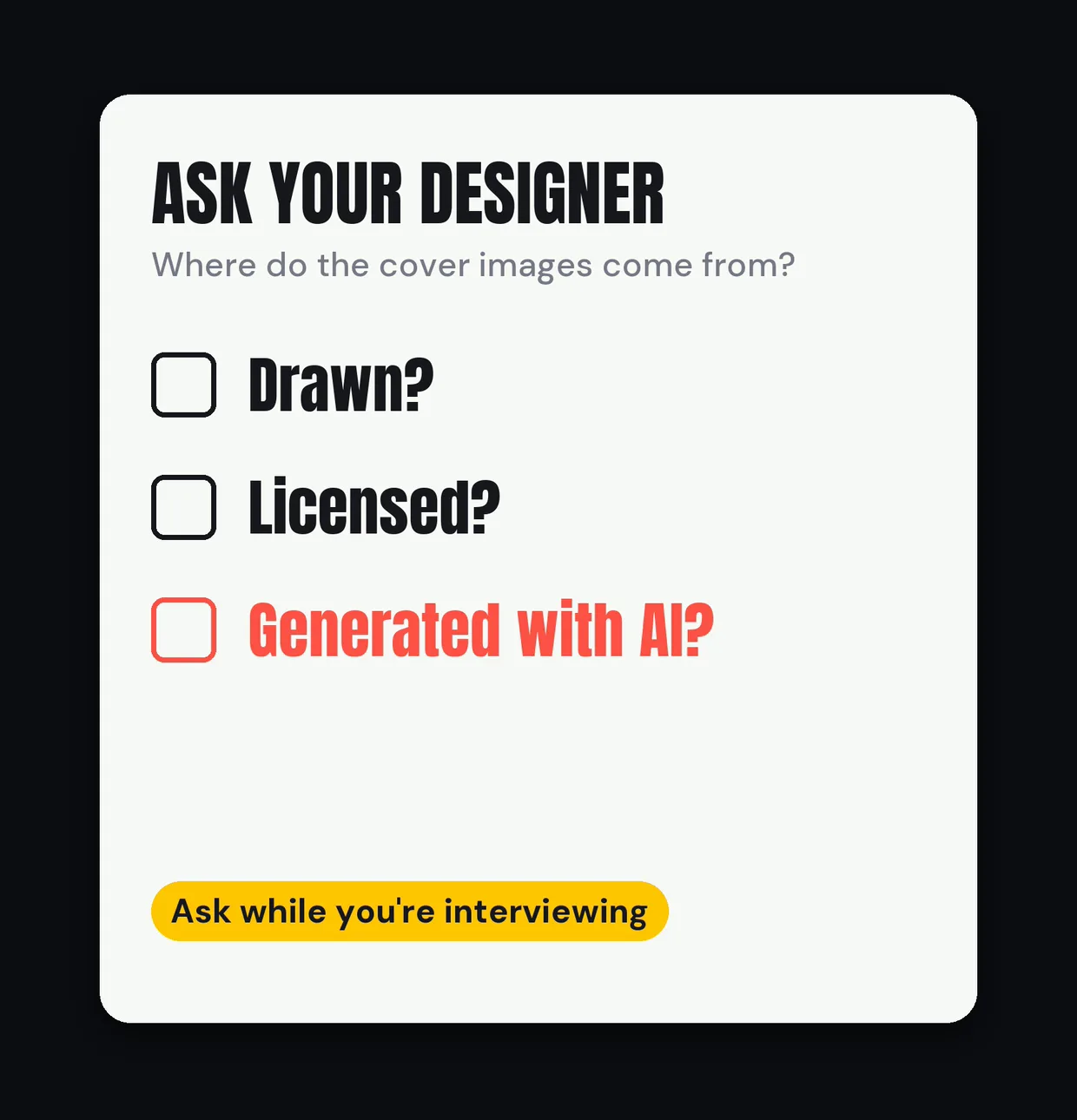 Questions to ask a cover designer: were the images drawn, licensed, or generated with AI?