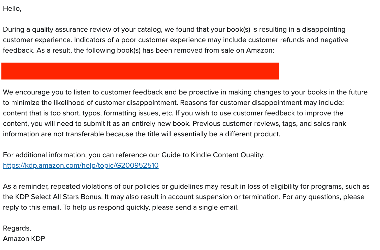 Amazon KDP email notifying removal of book due to poor customer experience and quality issues