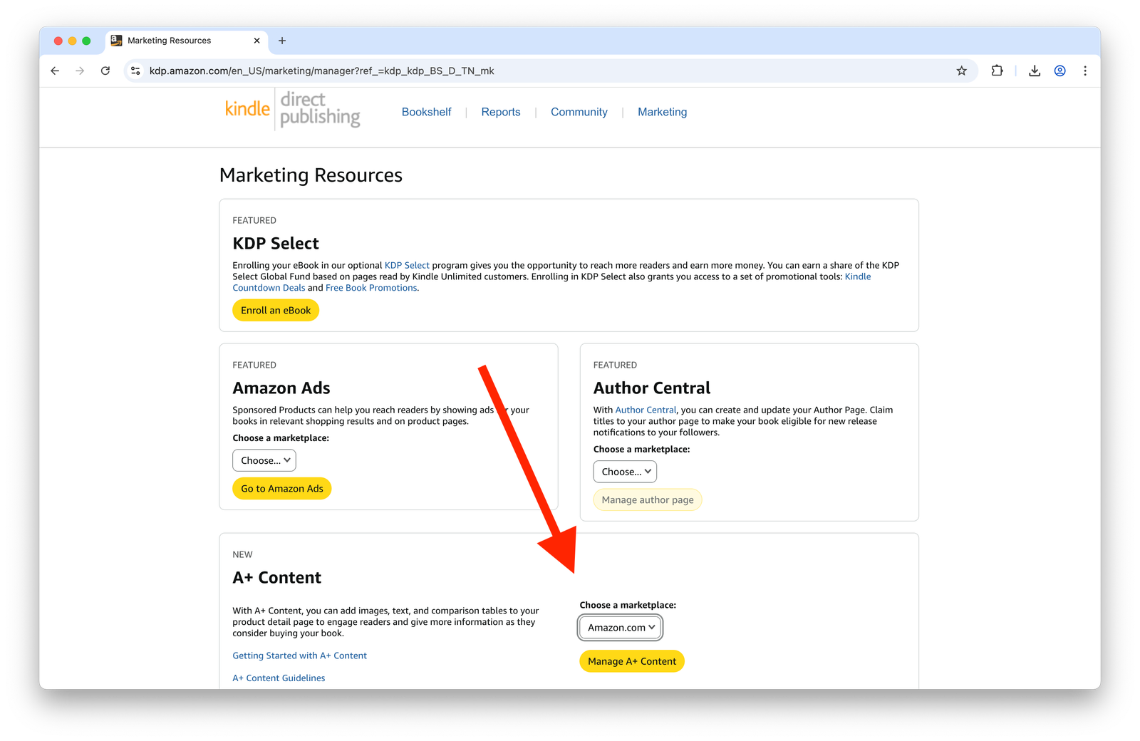 Amazon Kindle Direct Publishing Marketing Resources dashboard showing KDP Select, Amazon Ads, A+ Content, and Author Central features with a red arrow pointing to A+ Content section