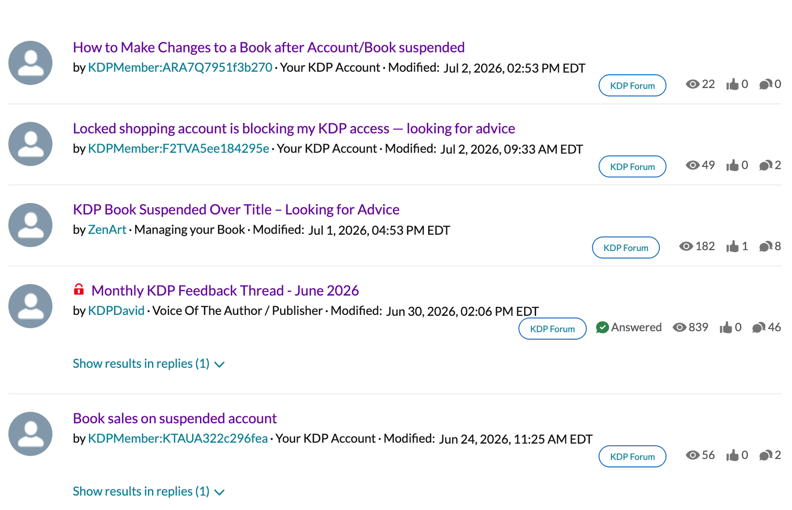 List of KDP forum posts about suspended accounts and book changes with view counts and modification dates
