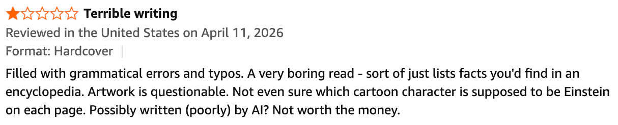 One-star review criticizing book for grammar errors, boring content, questionable artwork, and possible AI authorship