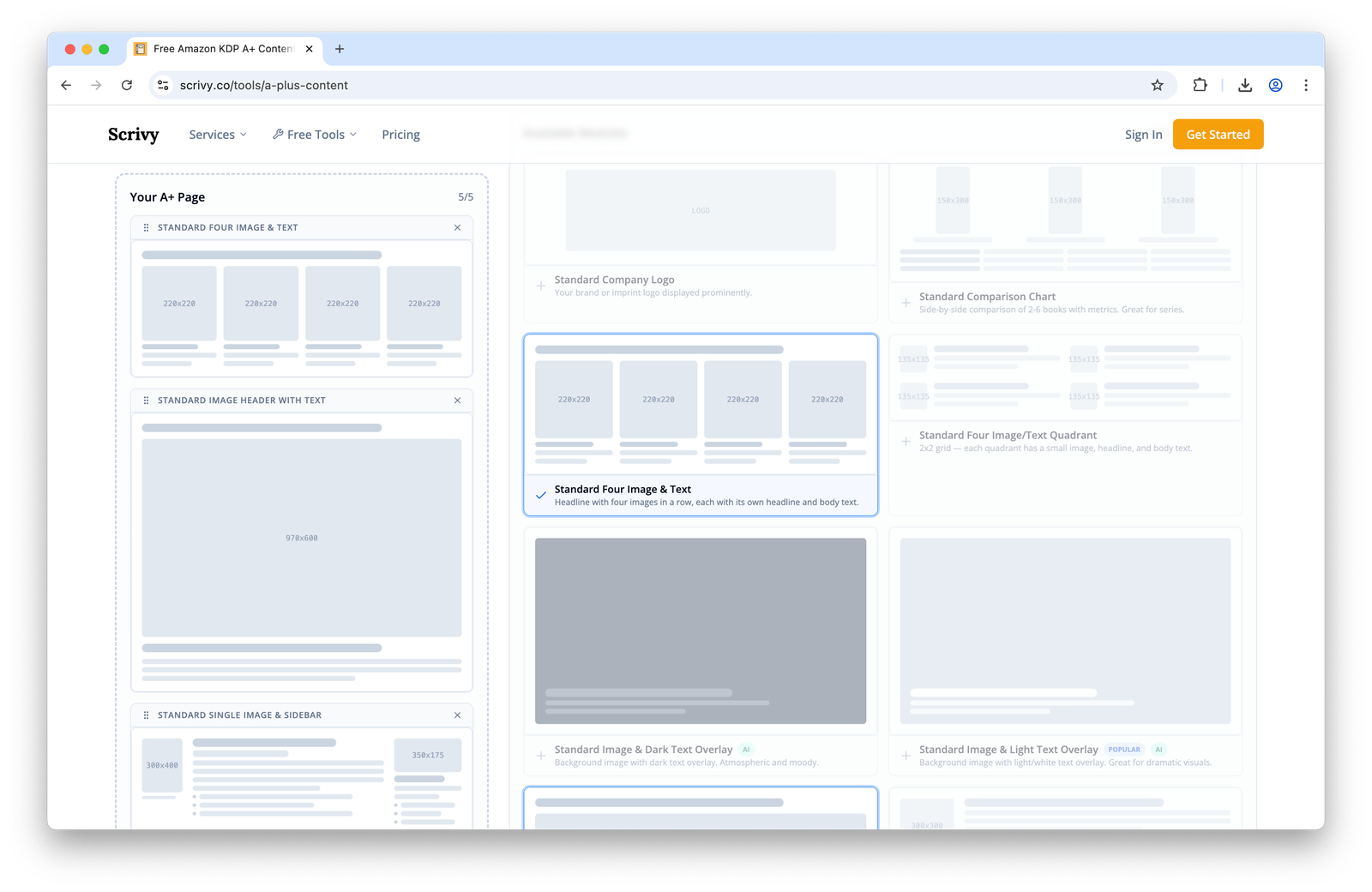 Scrivy free tools page displaying various KDP template layouts and design options for book covers and interiors