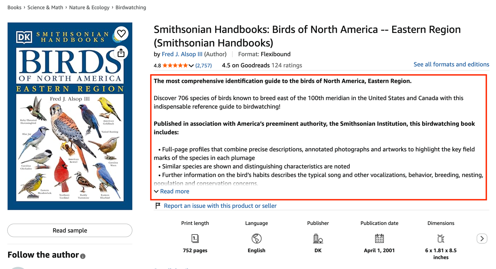 Smithsonian Handbooks Birds of North America Eastern Region book listing showing the description visible above the Read More link